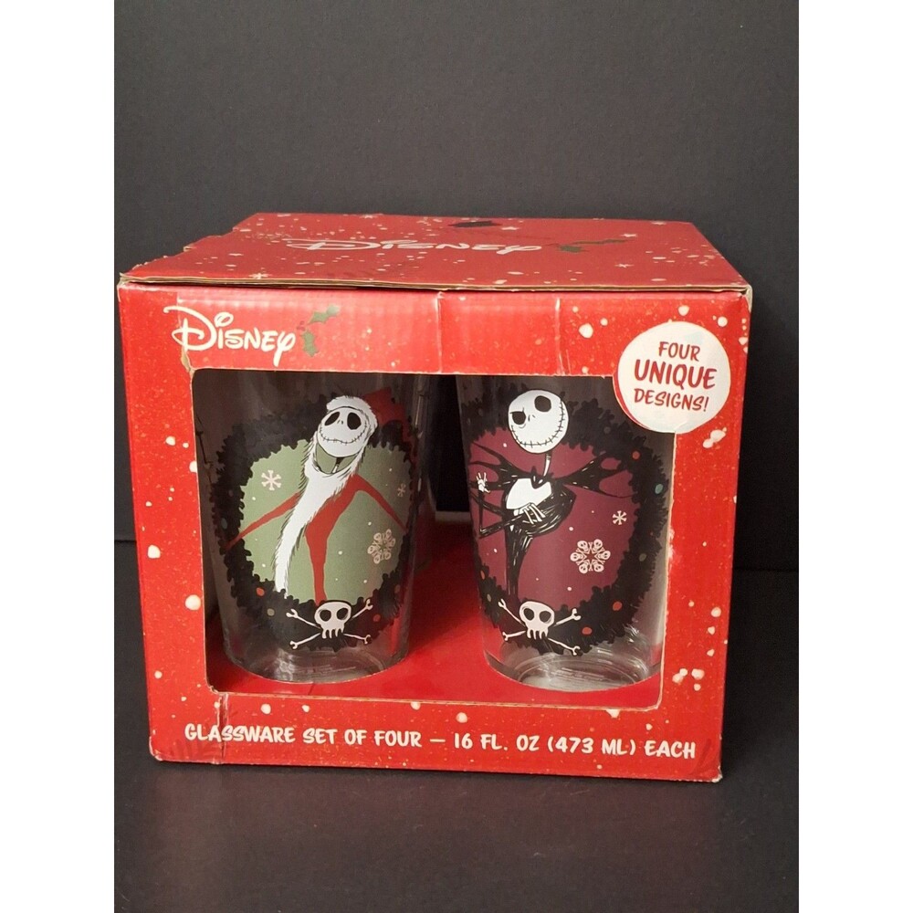 Disney Tim Burton Nightmare Before Christmas 4 Pc 16oz Glassware Set Never Used